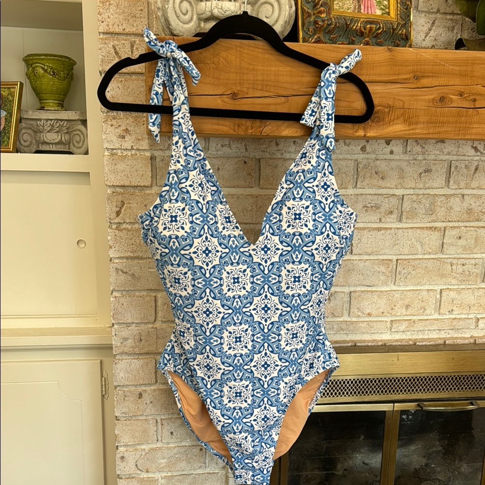 Blue and White Patterned Swimsuit from J Crew
